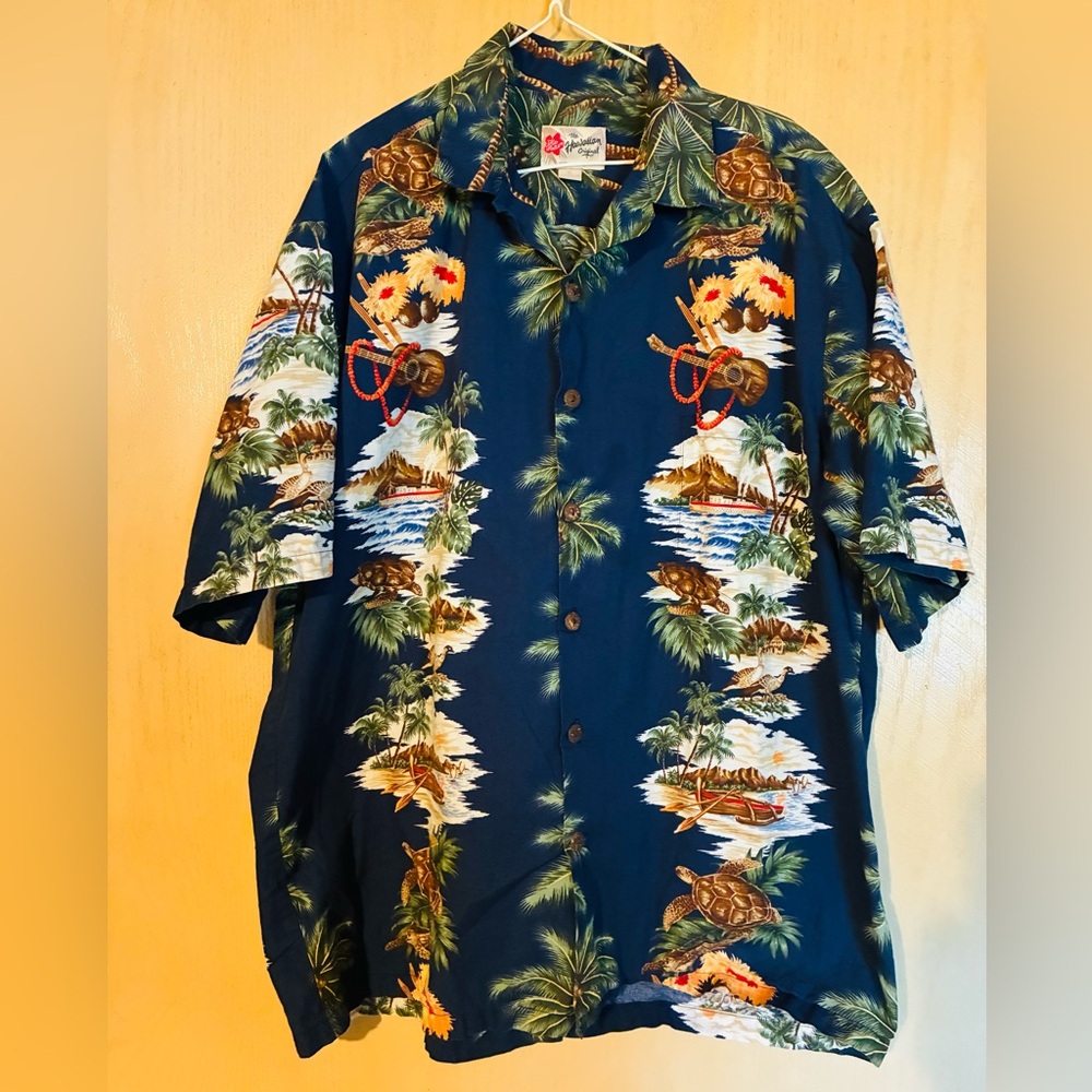 Vintage Hilo Hattie Navy Tropical Print Shirt XL